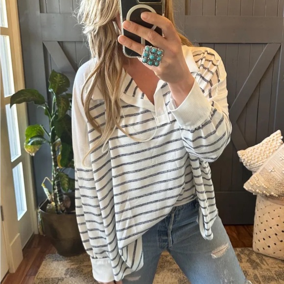 New Women's Stripped Pullover Sweatshirt Knit Long Sleeve Top Casual Nautical - Picture 1 of 6